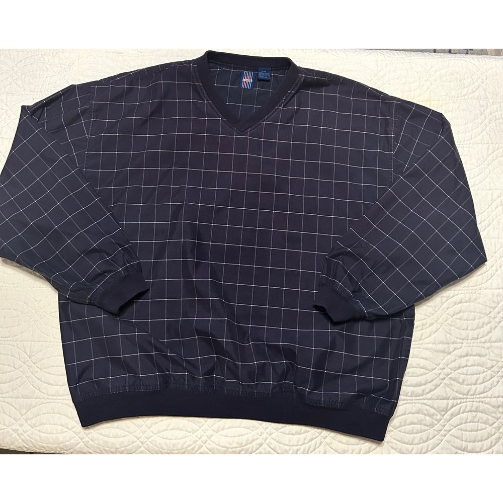 Jantzen Mens Blue Pullover Windbreaker L/G Grid Pattern V Neck Long Sleeve